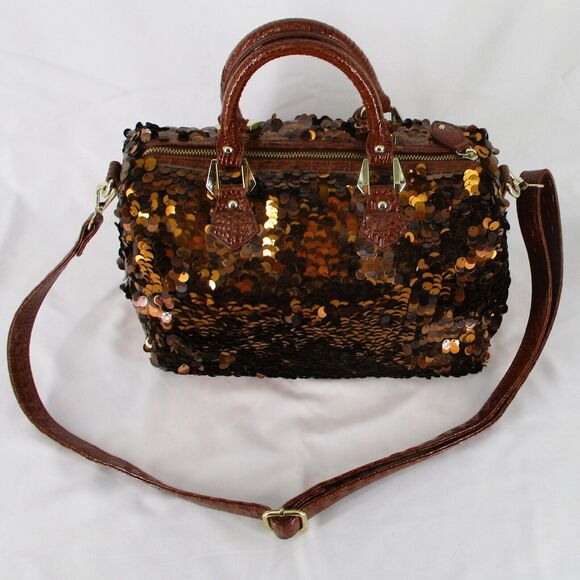Copper Autumn Brown Sequin Top Handle Shoulder Strap Tote Purse Duffel Bag - Picture 8 of 8